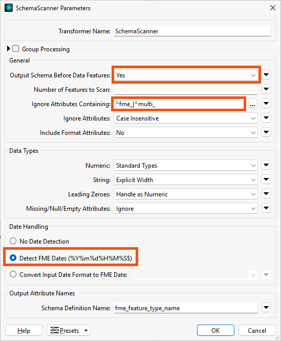 SchemaScanner parameters